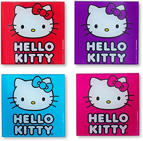 Sanrio Hello Kitty Colors תחתיות זכוכית למשקאות, סט של 4 | הגנה על שולחן השולחן למטבח ביתי, שולחן פינת